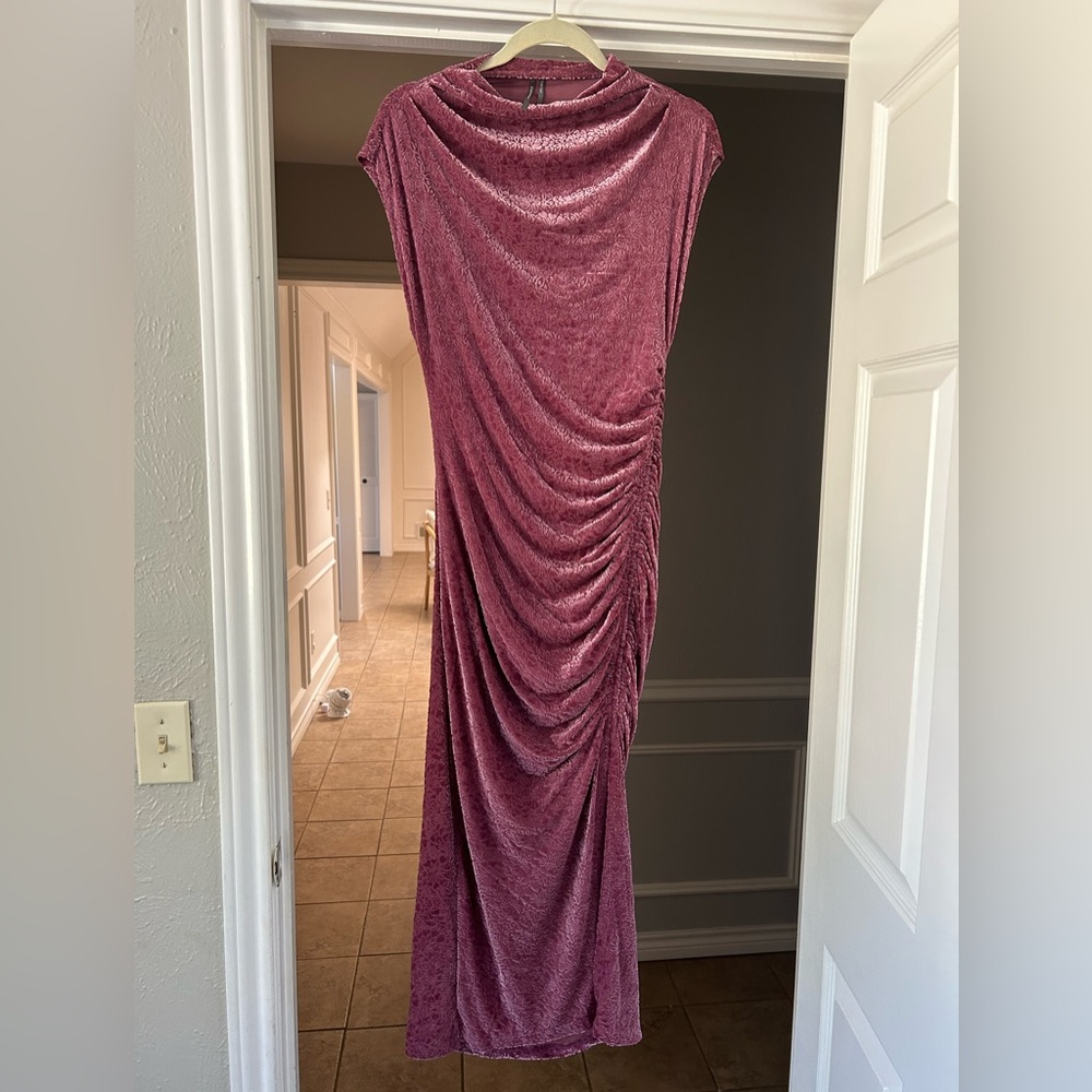 Anthropologie Cowl neck Velvet Ruched Midi Dress in Mauve